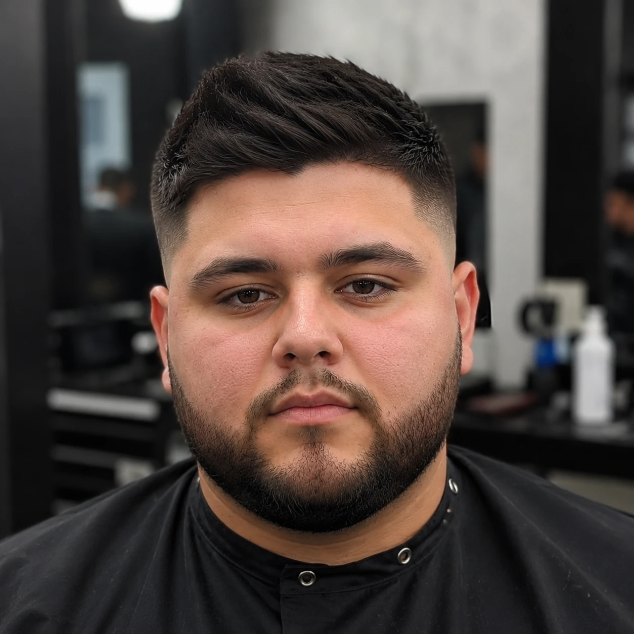 Mid drop fade with full beard for added jaw definition on a round face, front view