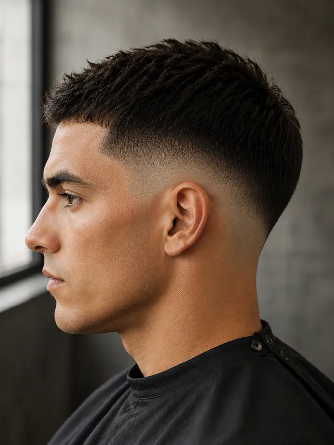 Mid drop fade side profile with high contrast and skin-close bottom