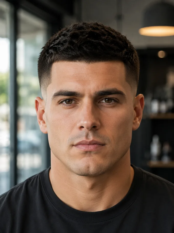 Mid drop fade on a square face, front view showing the strong jawline and moderate drop height