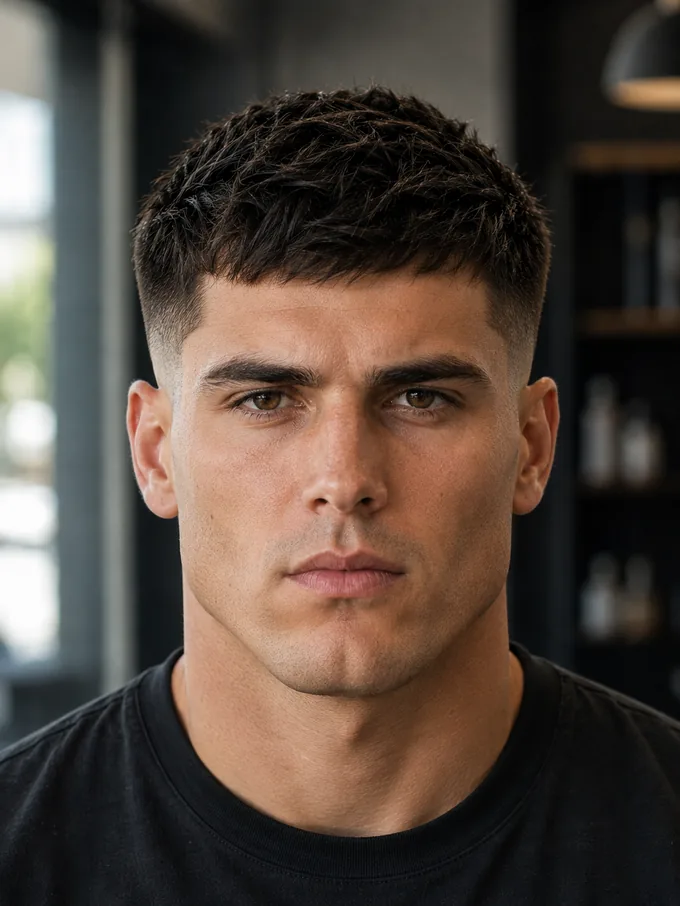 Mid drop fade with a textured crop on a square face, front view
