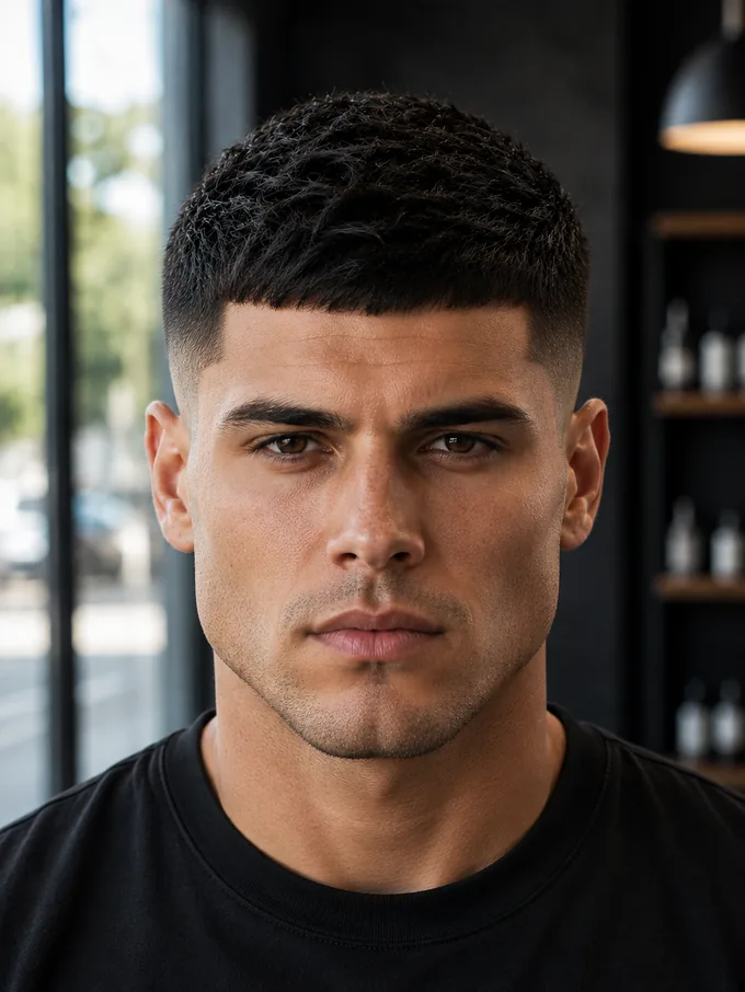 Mid drop fade with waves on top softening a square jaw, front view