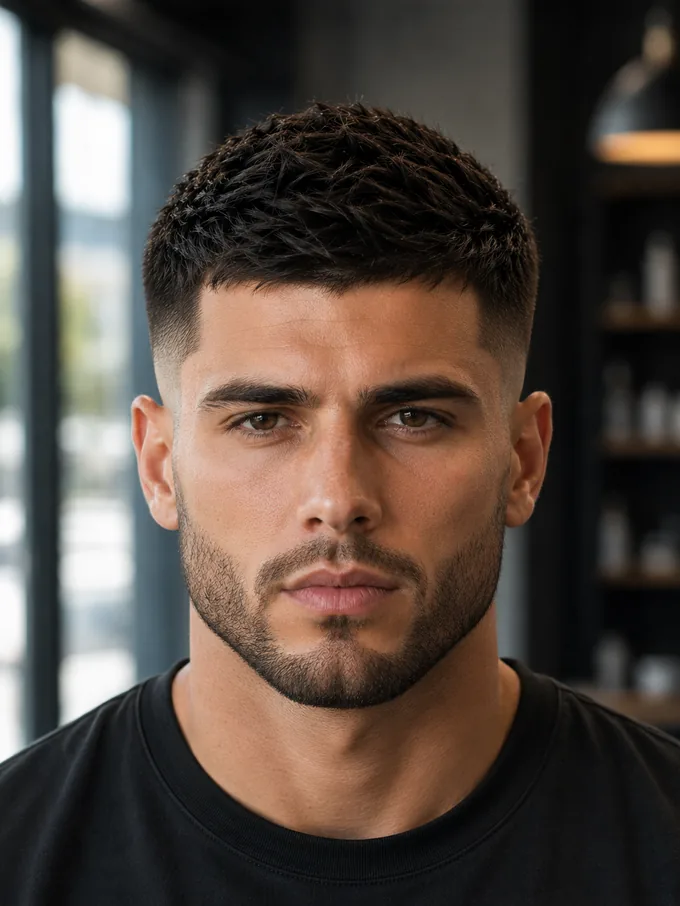 Mid drop fade with a shaped beard on a square jaw, front view