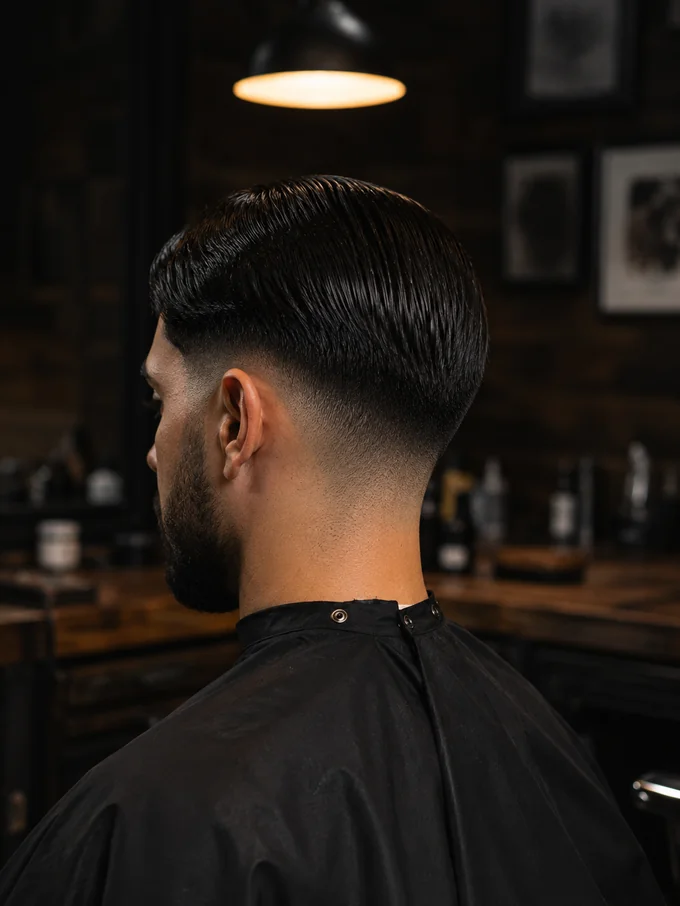 Mid drop fade straight hair, back view showing nape taper
