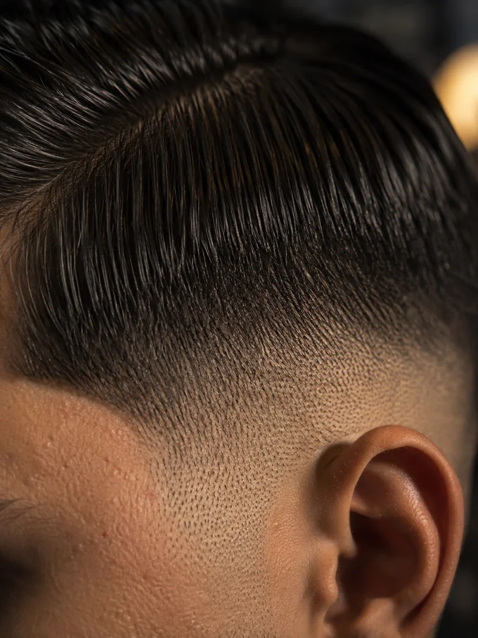 Close detail of the fade blend under straight hair