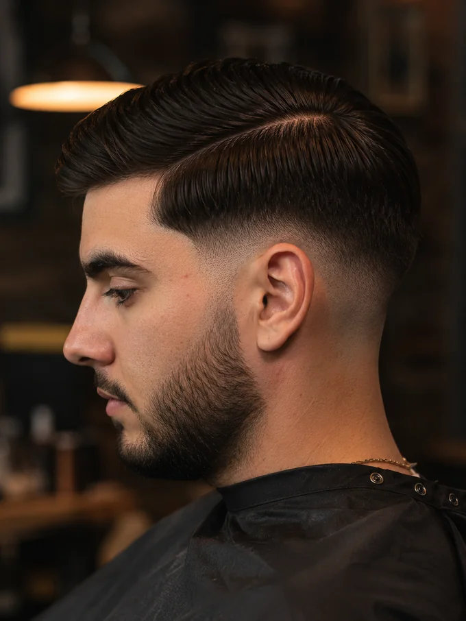 Mid drop fade straight hair, side profile with clean drop line