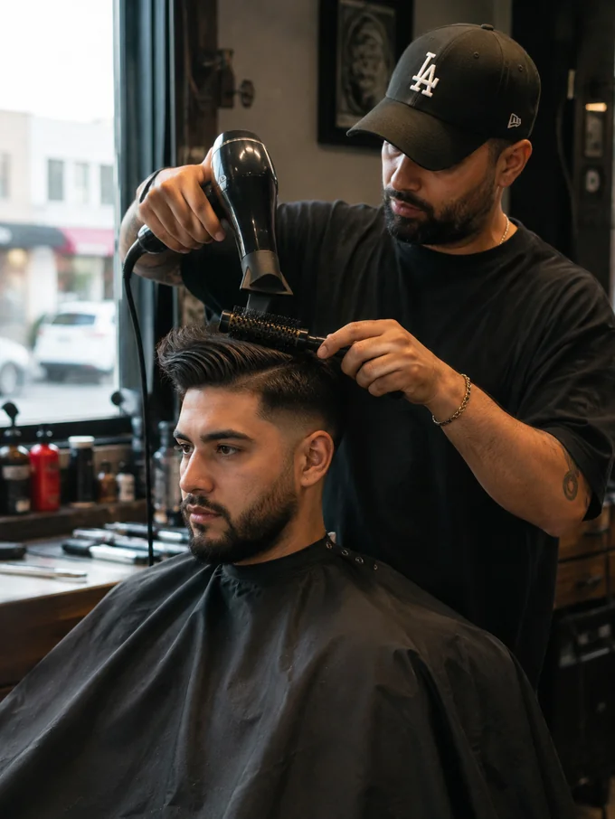 Barber blow-drying and styling mid drop fade straight hair