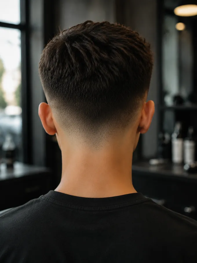 Back view of a mid drop fade on a teenager showing the drop curve at the nape