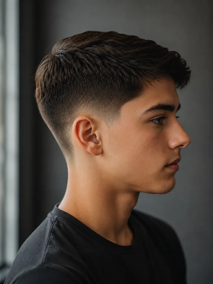 School-friendly mid drop fade for teens with guard length and no bare skin