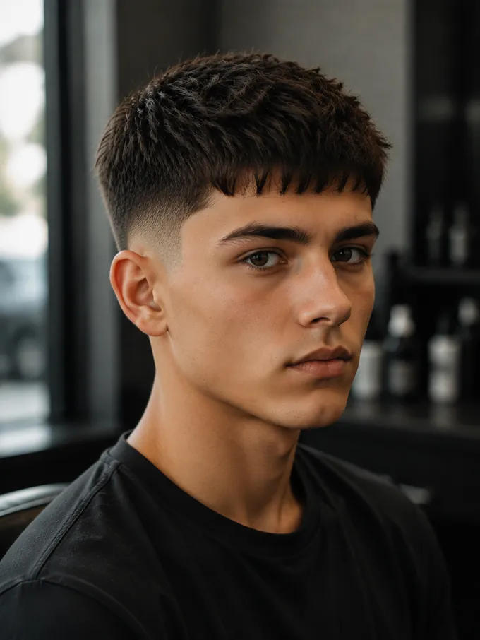 Mid drop fade for teens with a textured crop and forward fringe