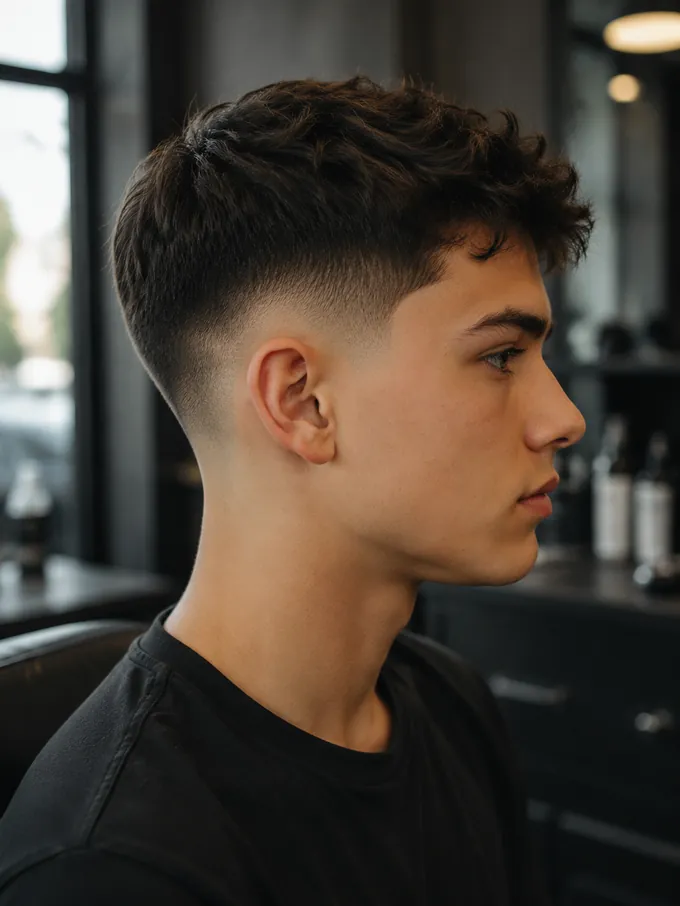 Mid drop fade for teens, side profile showing the drop line