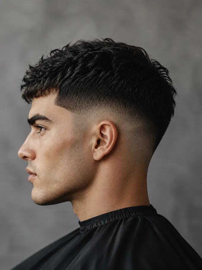Mid drop fade with the fade starting at mid-temple and hair left above it