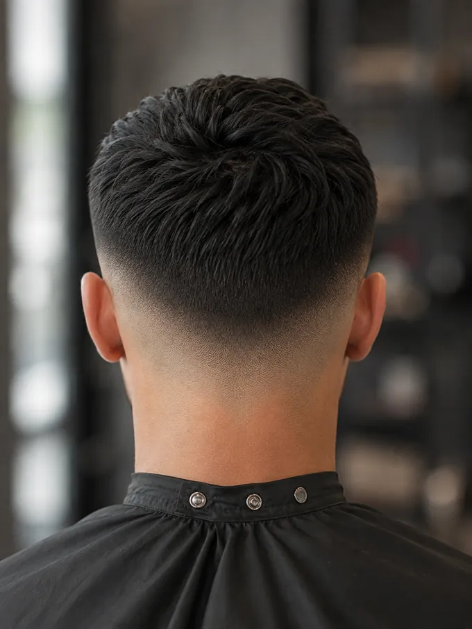 Back view showing the drop fade curving down to the nape on both sides