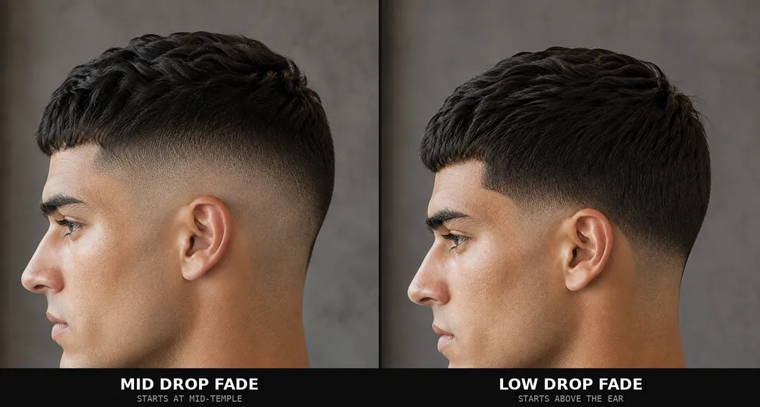 Mid drop fade vs low drop fade side by side comparison showing the difference in starting height