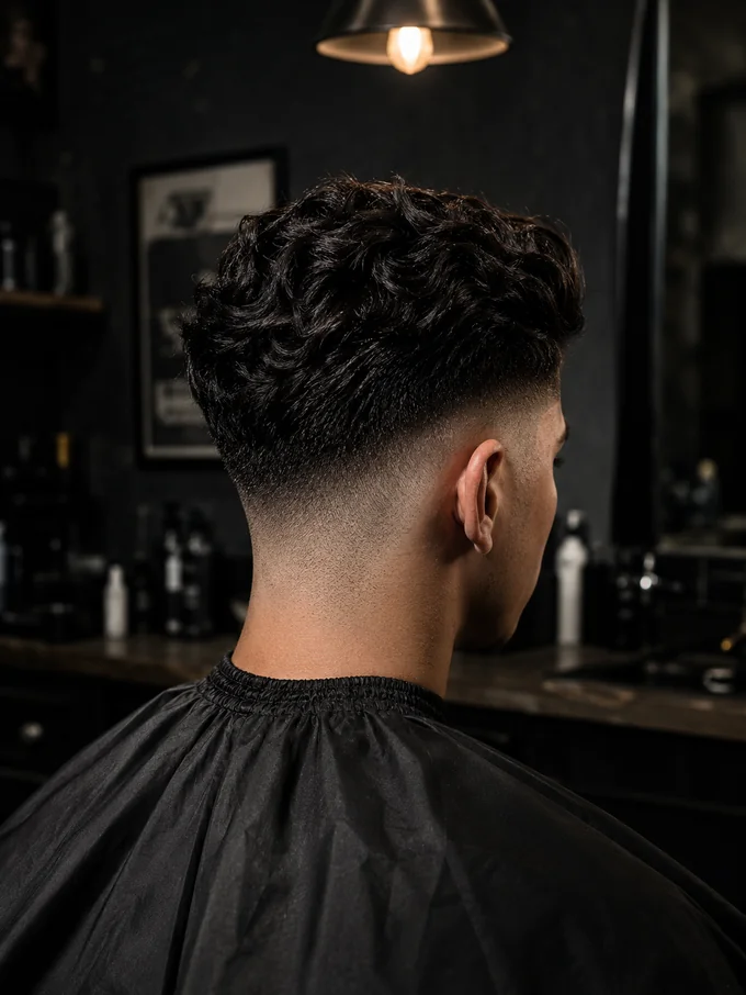 Mid drop fade wavy hair, back view showing wave texture