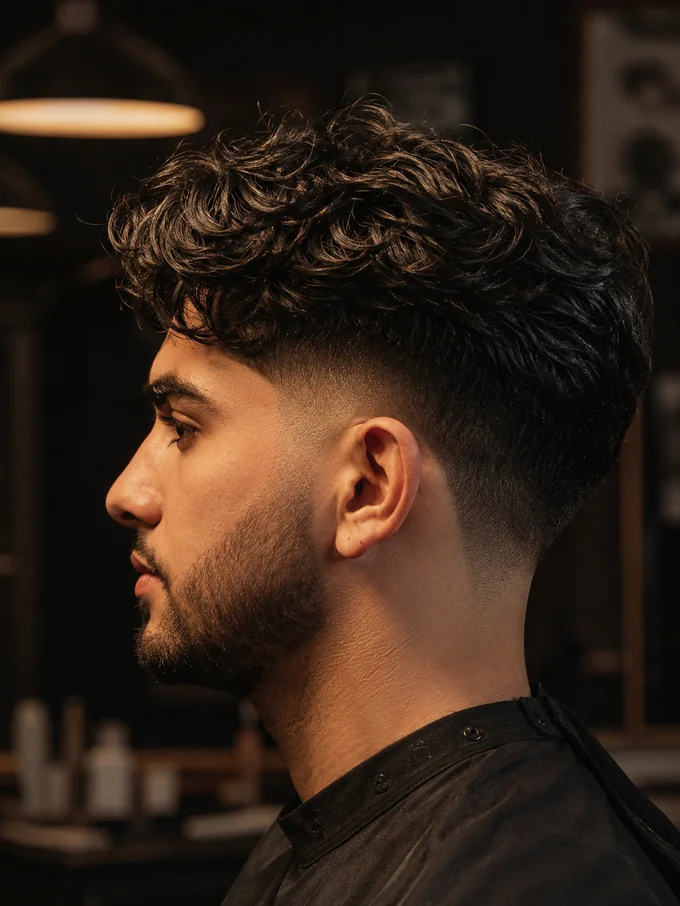 Mid drop fade wavy hair, side profile with natural wave texture