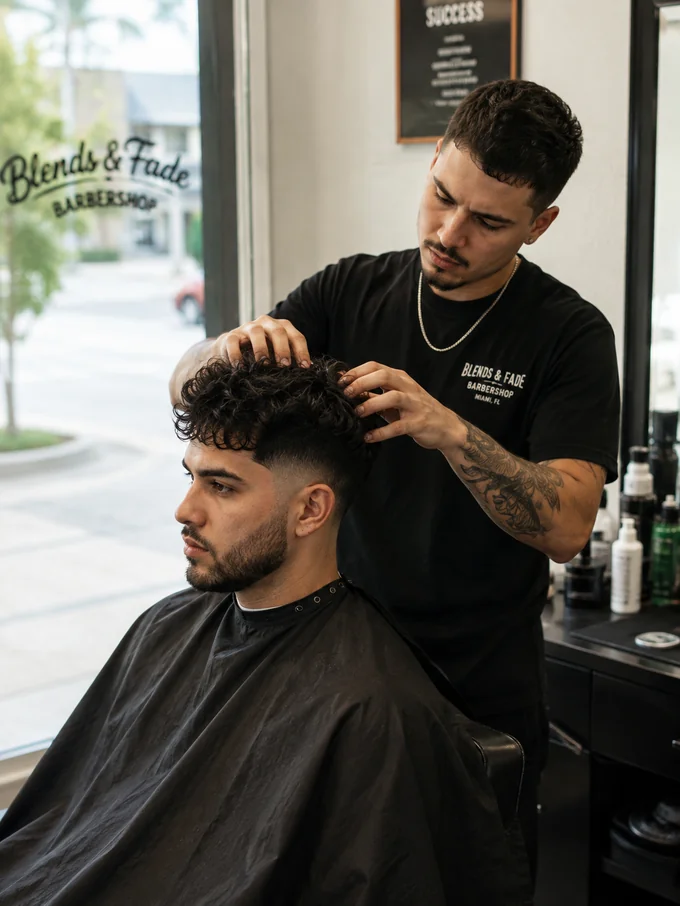 Barber styling mid drop fade wavy hair with fingers