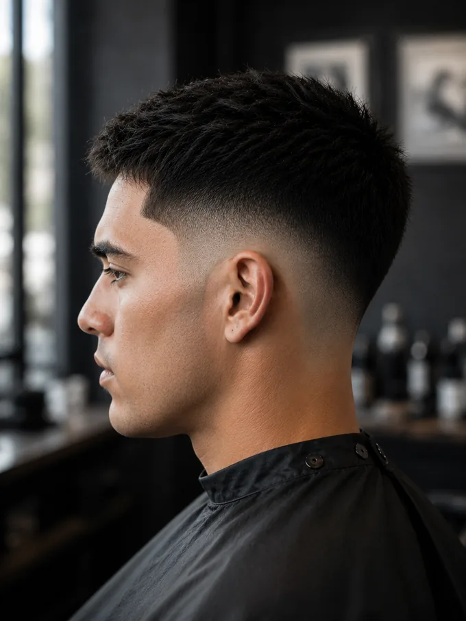 Freshly cut mid drop fade with a sharp drop line, side profile