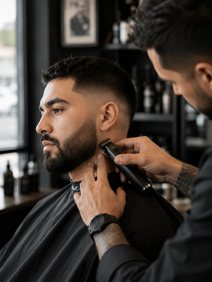 Mid drop fade with a beard trim, priced as a separate add-on service