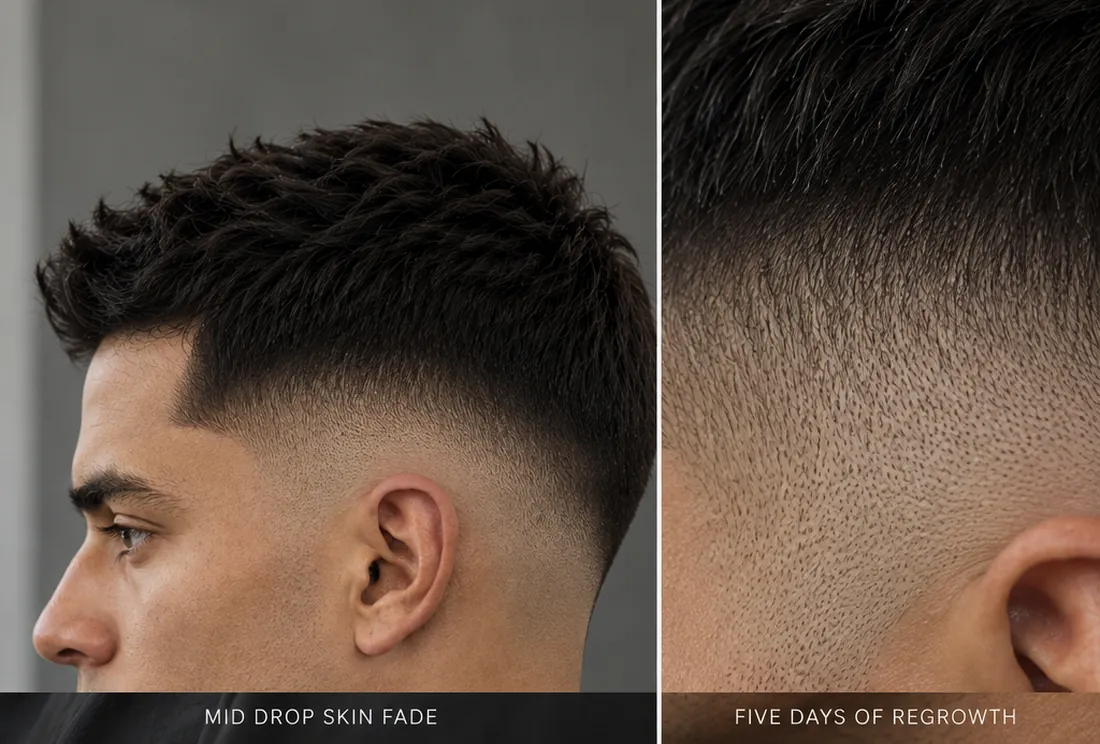 Fresh mid drop skin fade next to the same fade after five days of regrowth