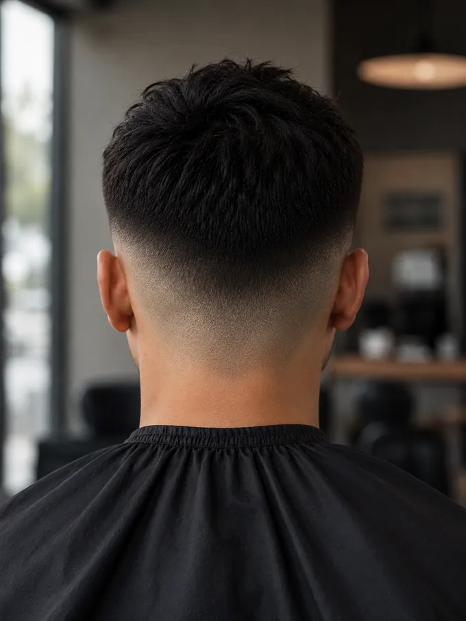 Back view showing the drop fade forming a shallow U shape across the nape