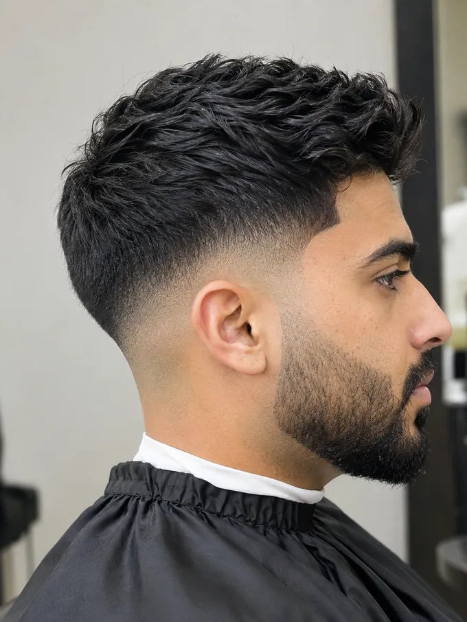 mid drop fade with beard blend