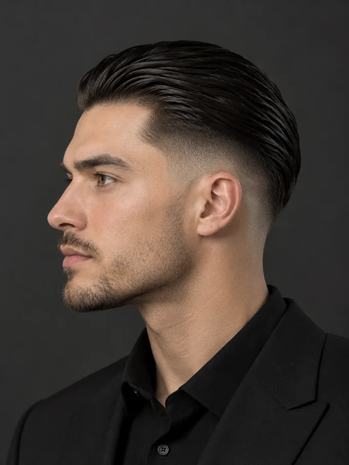 mid drop fade slick back hairstyle