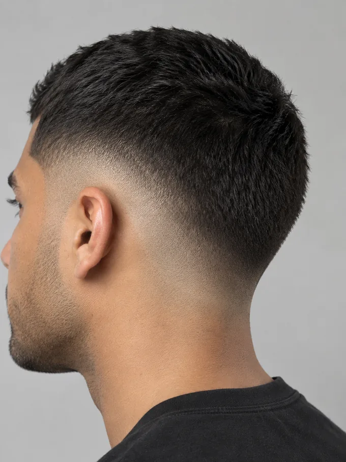 Mid drop fade haircut, clean side profile showing the curved drop line